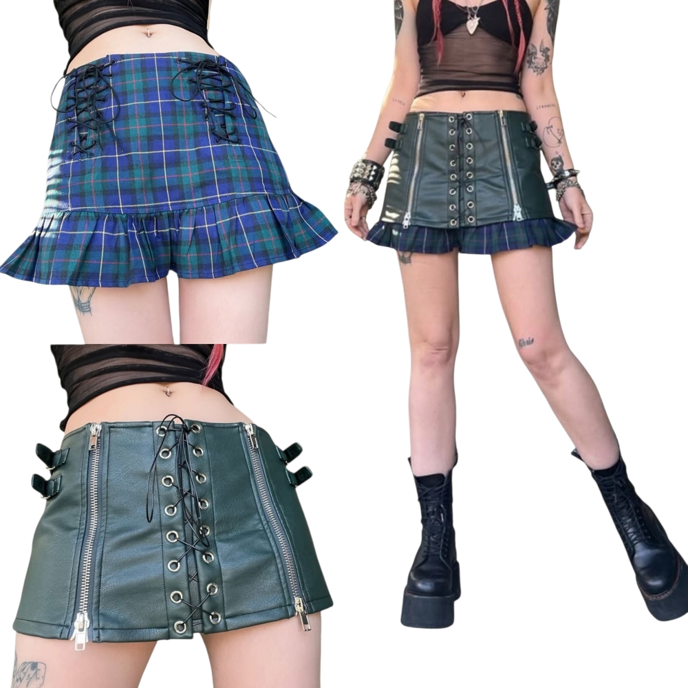 ☆Tunnel Vision 3 In 1 Plaid and Leather Mini Skirt☆